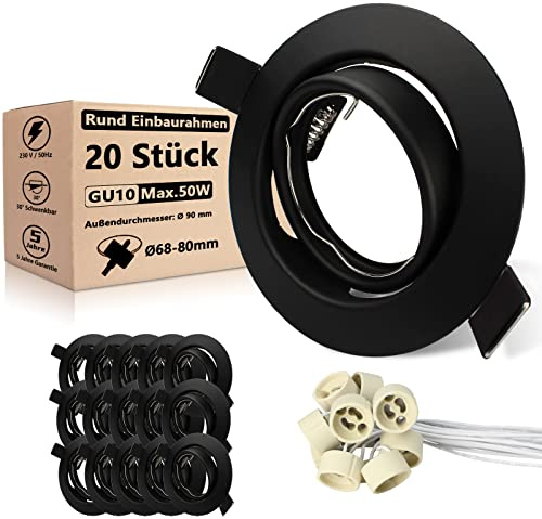 Allesgute 20er LED Einbaustrahler GU10 Set Schwenkbar 230V Einbauleuchten Einbaurahmen Rund Matt Schwarz LED Spot 68mm Lochdurchmesser inkl. GU10 Fassung für Lampe oder Halogen | Rund Matt Schwarz, 30° schwenkbar Rahmen, LED Spot 68mm Lochdurchmesser, inkl. GU10 Fassung für Lampe oder Halogen
