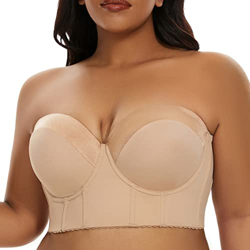 SEA BBOT Plus Size Longline Bustier Bra - Push Up, Seamless T-Shirt Bra in Dark Beige, Size 42B