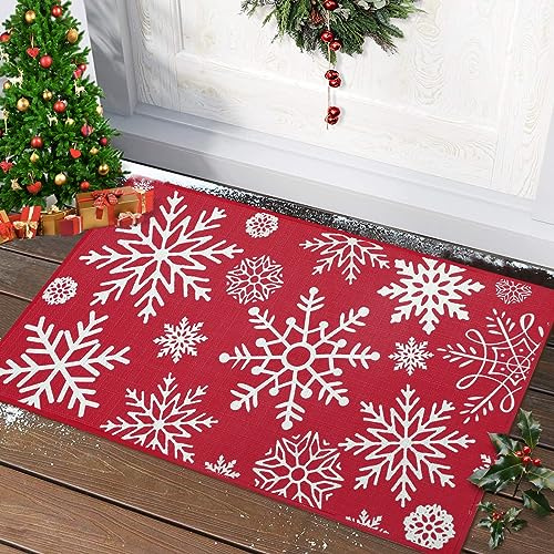 CAROMIO Weihnachts-Fußmatte Rot Innen Waschbare Türmatte für Eingangsbereich Küche Schlafzimmer Weihnachten Dekorative Anti-Rutsch Bedruckte Schneeflocken 50 x 80 cm