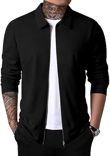 Oanviso Herren Jacke Sweater Pullover Dünne Oberteile Sweatjacke mit Reißverschluss Einfarbig Winterjacke Langarm Männer Cardigan Mantel Oversized für Herbst A Schwarz L