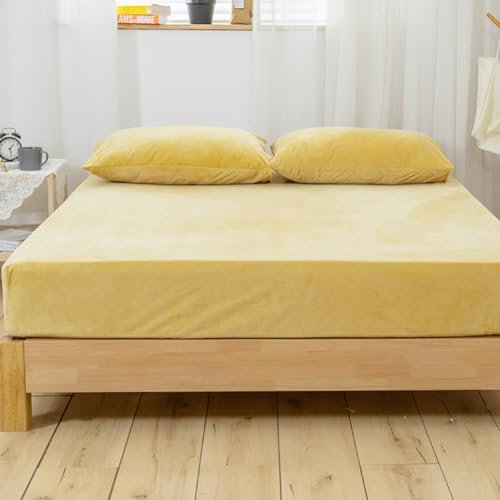 Nayoroom Spannbettlaken Plüsch 180x200cm Gelb Flauschig Fleece Winter Spannbetttuch Cashmere Touch Flanell Bettlaken für Boxspringbett Topper Matratze bis 25cm
