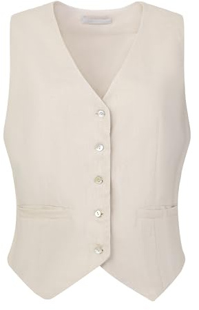 Hobemty Women's Linen Vest Sleeveless Button Down V Neck Formal Business Waistcoat X-Large Beige