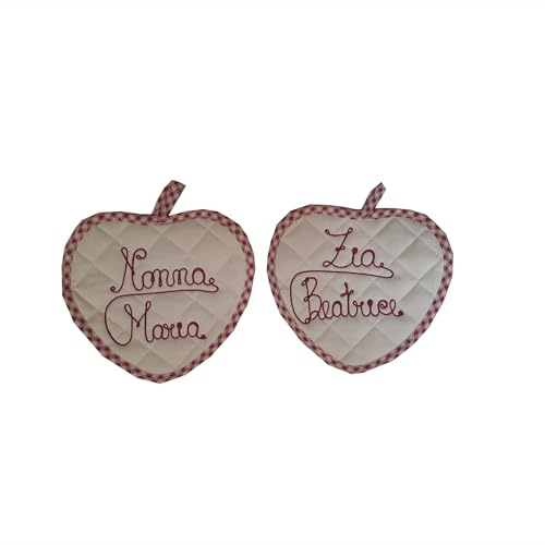 2 Presine Cucina PERSONALIZZABILI con nomi e frasi | A forma di Cuore | cm 20x20 circa | Cotone Tessuto esterno e PU interno imbottito