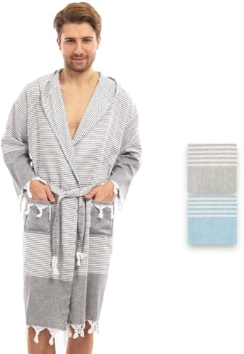 Badrock av hamam-handduk, bastuhandduk, för män, för ultimat lyx, med bälte och huva – lång form män, svart, M (Stor)