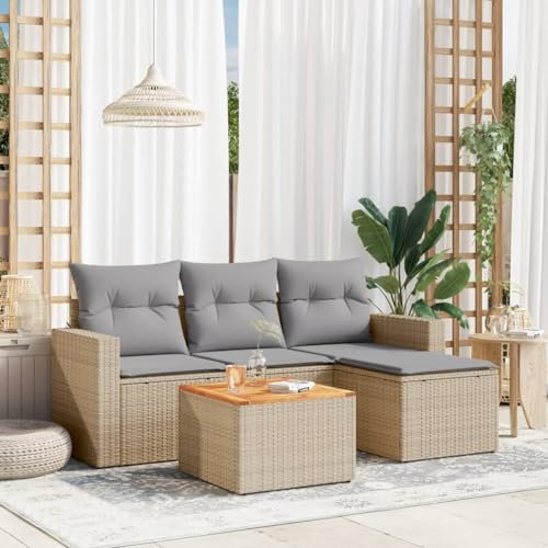 ULUYYUC 5-TLG. Garten-Sofagarnitur, Schlafsessel Mit Bettfunktion Gartenstühle Eckbankgruppe Gartenbank Geeignet für Hinterhof Außenbereich Garten Balkon mit Kissen Beige Poly Rattan