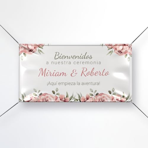 Pancarta Personalizada para Boda en Lona 510gr – Cartel de Bienvenida con Nombres de los Novios, 21 Medidas Disponibles – Perfecta para Decoración de Boda, Bodas de Oro, Plata y Photocall (Modelo 6)