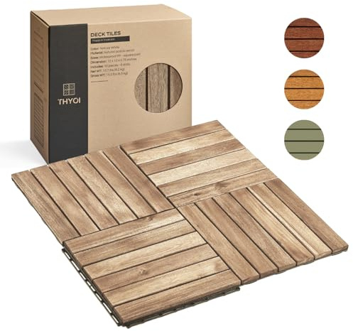 THYOI Premium Deck Tiles, Patio Flooring - Outdoor Waterproof Acacia Wood Tiles for All Weather Use - Balcony, Backyard, Indoor & Outdoor (Square Ft) (10, White, 6S)