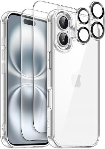 JETech 5-in-1 Hülle für iPhone 16, Anti-Vergilbung, Durchsichtig | 2 Gehärtete Glas Schutzfolien, 2 Kameraschutz Folien, Stoßfest Handyhülle