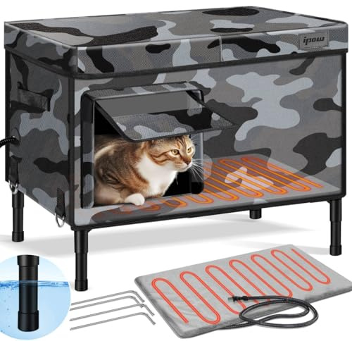 IPOW 6 Schichten Ultra Stabile Katzenhäuser für Outdoor-Katzen, 100% wasserdicht mit 900D Oxford-Gewebe & vollständig isoliertem, wetterfestem, beheiztem Plüsch-Pad für draußen streunende