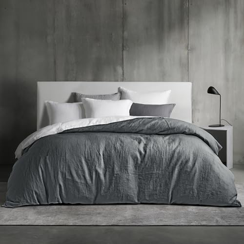 Dreamzie Bettwäsche 200x200 Baumwolle, Bettwäsche-Sets Dunkelgrau mit Reißverschluss, Ähnliche Textur wie Stone Washed Leinen, Enthält 1 Bettbezug 200x200 und 2 Kissenbezug 80x80