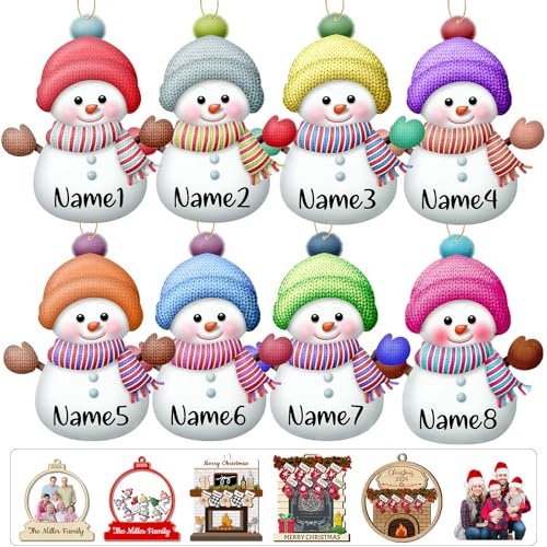 Personalisierte Schneemann Weihnachtsschmuck 8Pcs Benutzerdefinierte Hölzerne Schneemann Ornamente mit Namen Personalisierte Familie Ornamente für Weihnachtsbaum Hängende Dekoration Geschenk