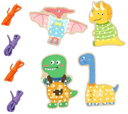 Milageto Schnürspielzeug aus Holz, Feinmotorik, Nähen, Kunst und Handwerk, Vorschulische Früherziehung, Fädelspielzeug für Kinder, Kindergeschenke, Dinosaurier