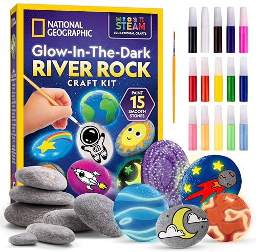 Blue Marble National Geographic Glow in the Dark Rock Painting Kit - Arts & Crafts Kit for Kids, Decorate 15 River Rocks with 15 Paints & Art Supplies, Kids Craft