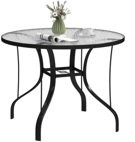 Outsunny Outdoor Dining Table with Parasol Hole, Tempered Glass Top Metal Frame Coffee Table, Round, 96.5 x 96.5 x 71 cm