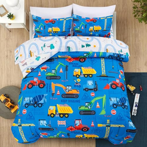 Holawakaka Trucks Excavator Cars Boy Bedding Comforter Set with Sheets, Full Size Cartoon Construction Car Tractor Print Kids Bed in A Bag 5-Piece, Boys Reversible Dorm Bed Sets (Blue Full)