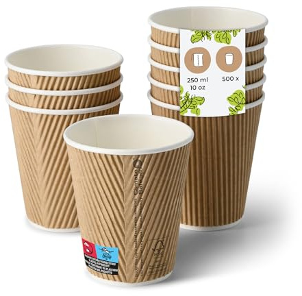 BIOZOYG Riffelbecher 500 Stück 250 ml / 10 oz, 90 mm, braun, innen weiß - Becher für Heißgetränke - Kaffeebecher to go aus Pappe - Einwegbecher, Alternative zu Styroporbecher