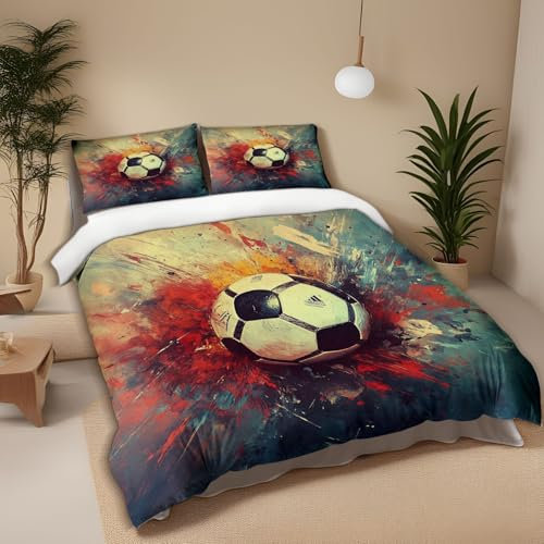 Copripiumino, set di biancheria da letto Dipinto di graffiti di calcio a tema sportivo, biancheria da letto con stampa a motivo ragazzi, ragazze e bambin 260 x 220 cm