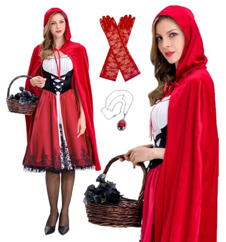 BuzzoXerex Disfraz Caperucita Roja para Mujer, Vestido de Caperucita Roja y Capa con Capucha Adulto, Disfraces Hadas Mujer para Carnaval Cosplay Little Red Riding Hood Halloween (S)