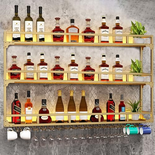 Weinregale zur Wandmontage, 3 Schichten Wand-Weinregal zur Aufbewahrung, Wand-Barschrank mit Glashalter, schwebende Likörregale, für Zuhause, Bar, Kaffee, Küche, Wohnzimmer (Farbe: Gold, Größe: 100 x