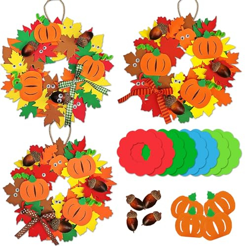 AFYHH Herbst Basteln Bastelsets für Kinder 8 Stück Thanksgiving Kürbis Kranz Türdekorationen DIY Kreative Schaumstoff Herbst Ernte Party Supply mit Kürbis Blatt Eichel und Ahornmustern