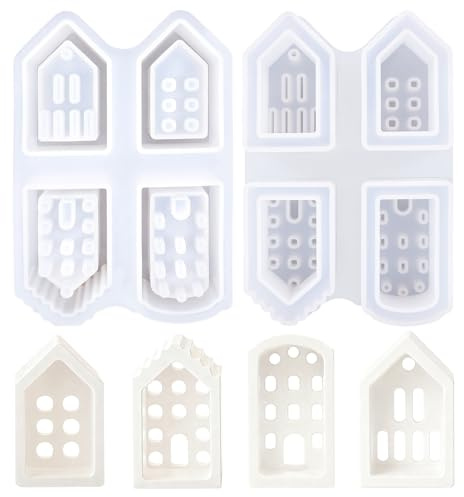 Häuser Silikonform Weihnachten,4 Stück Häuser LED Kerzenformen Zum GießenSilikonformen,DIY Handwerk Silikonformen Epoxidharz Weihnachten Resin Formen Harz Seifenform