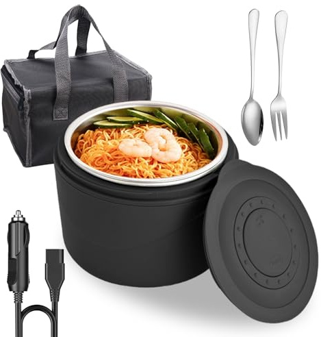 GOMETY Fiambrera eléctrica, 1,2 L, calentador de alimentos, 80 W, portátil, con bolsa, 2 en 1 (12 V/220 V), extraíble y calefactable, para coche, hogar, trabajo, viajes, oficina (negro)