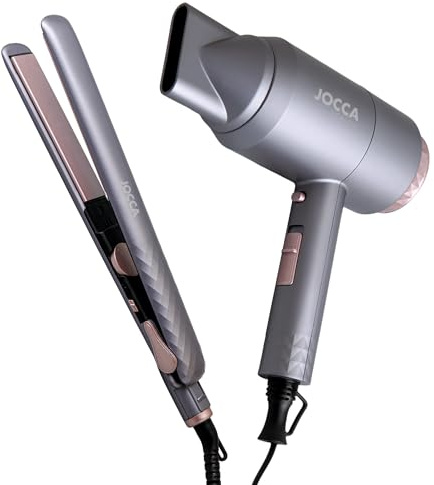 Set Secador de Pelo 2200W + Plancha de Pelo 45W – Motor DC, 2 Velocidades, 2 Temperaturas, Función Frío, Placas Cerámicas Flotantes, Calentador PTC, Diseño Gris Oscuro y Rosa