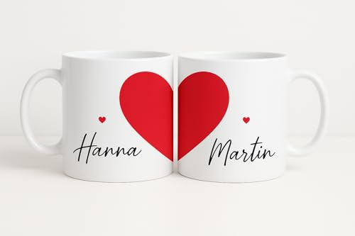 Tassen 2er Set personalisierten Tassen mit Namen, Herz-Motiv; Keramik-Kaffeetassen für Paare; geschenk für ihn und sie.