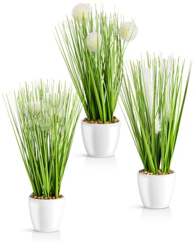 PASCH® Kunstgras in weißem Keramiktopf (31cm): 3 x Gräser künstlich | Künstliches Gras | Kunstpflanze Gras | Dekogras | Kunstpflanzen wie echt | Künstliche Pflanzen im Topf