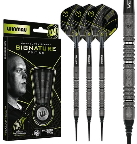 WINMAU – Michael Van Gerwen MvG Signature Edition – 18 g tunna/20 g full vikt – 90 % volfram – professionellt set med mjuka dartpilar och stjälkar (axlar)