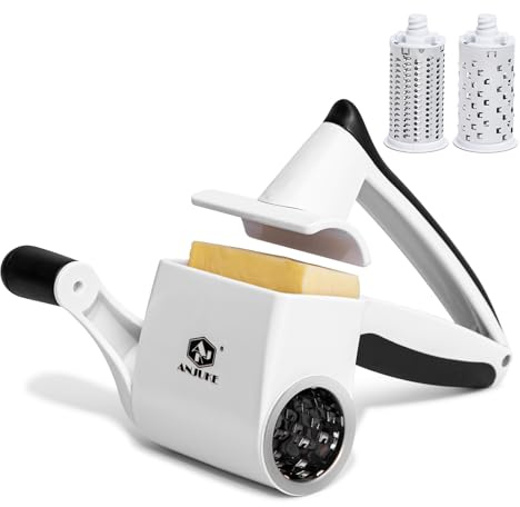 ANJUKE Rotary Cheese Grater Hand Crank - Heavy Duty Manual Shredder with 2 Stainless Steel Drums (Fine & Coarse), Non-Slip Handle, Dishwasher Safe for Parmesan, Chocolate, Nuts & Veggies