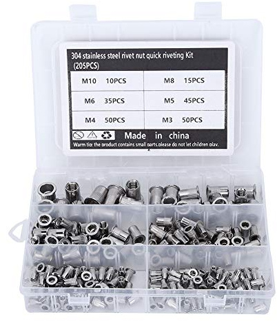 Kit Assortimento Dadi a Rivetto in Acciaio Inox 205pz, Set Dadi a Rivetto Rapidi con Scatola Trasparente, Dadi a Rivetto in Acciaio Inox 304 per Decorazione Casa, Costruzioni e Uso