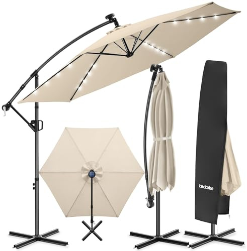 tectake® Ombrellone da Giardino 3x3 m, Ombrellone a Braccio Girevole 360° con Strisce Led a Energia Solare, Protezione UV 50+, Idrorepellente, Inclinabile, Base in Acciaio a Croce, Manovella - Beige