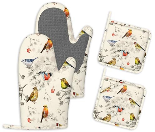 Ofenhandschuhe und Topflappen 4er Set im Vintage Vogel Hitzebeständig Kochhandschuhe Topfhandschuhe Silikon rutschfest Küchenhandschuhe Backhandschuhe zum Kochen Grillen und Backen