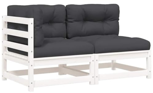 Yisssmeng Gartensofa 2-Sitzer, Loungesofa aus massivem Kiefernholz, Weiß, Inklusive Sitz- und Rückenkissen, Modulares Gartenmöbel für Terrasse und Balkon, 140 x 70 x 67 cm
