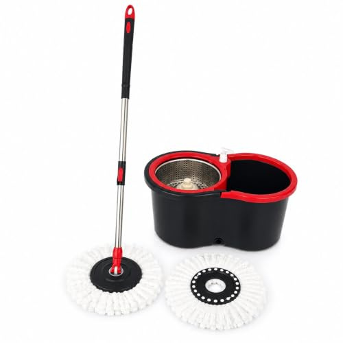 iTrend 360° Spin Mop & Bucket Set with Stainless Steel Wringer, Built-in Soap Dispenser, Adjustable Telescopic Handle, 2 Microfibre Mop Heads, Drain Plug, Hard Floor Cleaning System (Black/Red)