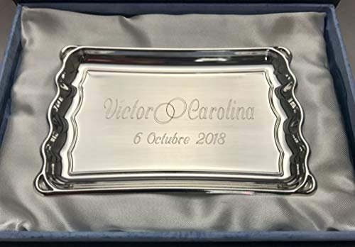 RegalosDeBodaOnline Bandeja GRABADA para arras o anillos de Boda o Aniversario con nombres novios y fecha PERSONALIZADA