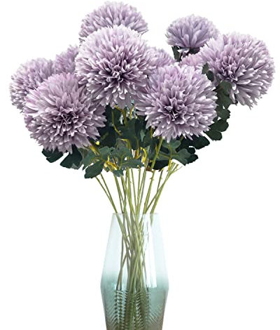 cn-Knight Artificial Flower 8pcs 22'' Long Stem Silk Pompon Flower Pom-Poms Hydrange Dahlia Daisy Dandelion for Wedding Bridal Bouquet Bridesmaid Home Décor Baby Shower Centerpiece(Light Purple)