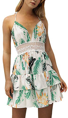 Onsoyours Femmes Robes Été Robe de Plage Sexy sans Manches Spaghetti Strap Col en V Dos Nu Swing Mini Robe A Vert FR 40