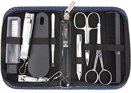 DREI SCHWERTER - Germany 10-tlg. Maniküreset | Nagelpflegeset in Textiletui Jeans Blau | 'Monza' | Inhalt: Nagelschere, Kamm, Nasenschere, Saphirnagelfeile, Nagelknipser, Fußnagelknipser uvm