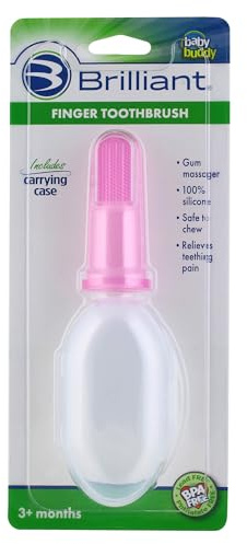 Brilliant Baby Finger Toothbrush with Case, Soft Silicone Gum Massager and Teether Brush for Babies and Toddlers, Age 3 Months and Up, Newborn Gum and Mouth Cleaning Essentials, Baby Toothbrush Pink