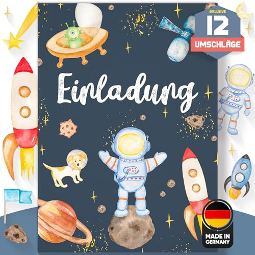Olgs Astronauten Geburtstagseinladungen, 12er Set zum ausfüllen, Einladungskarten inkl. Umschläge, Ideal für Weltraum Mottoparty