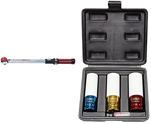 Ks Tools 516.6042 1/2 Ergotorque - Precision Clé Dynamométrique, 40-200 Nm - Avec Tête à Cliquet à Bouton Quick-Lock & 515.1005 Jeu de 3 douilles à chocs pour jantes aluminium, 17, 19, 21 mm