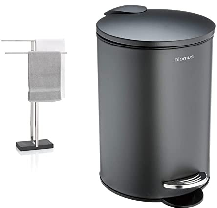 blomus -MENOTO- Handtuchständer (86x50x16 cm, Silber, 68624) & TUBO- Treteimer aus pulverbeschichtetem Stahl, Anthrazit, 3L, Smart-Close-System, entnehmbarer Eimer (24,5x17x17cm, Anthrazit, 68888)