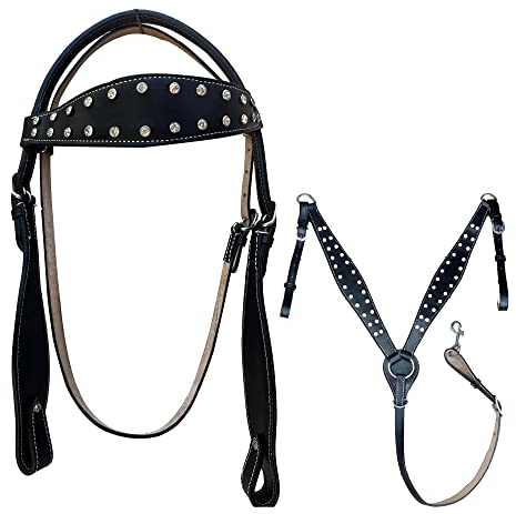 Hulara Top Grain Buff Läder Western Träns och Bröst Krage Set Verktyg Huvudstall och Häst Bröstkrage Västerländsk Tack-set Häst Bröstkrage Western Träns Set Svart Bröstkrage för hästar
