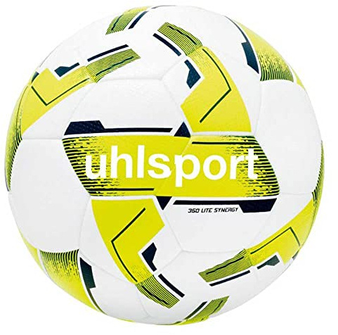 uhlsport 350 LITE Synergy, Junior Spiel- und Trainingsball, Fußball, für Kinder zwischen 10 und 12 Jahren, Größe 4 und 5, weiß/Fluo gelb/Marine
