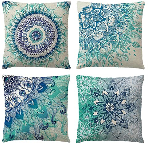 OCEUMACO Leinen Kissenbezug 50x50 Boho Indisch Kissenhülle 4er Set Sofakissen Dekokissen Bezug für Yoga Couch Mandala Muster Kissen Kissenbezüge Outdoor Deko Couchkissen Zierkissen - Petrol
