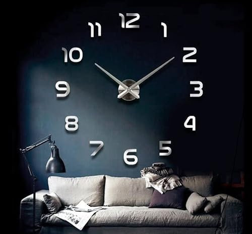 Wanduhr XXL Große 3D Uhr [ 80-120 cm ] Modernes 3D Designer DIY rießen Wandtattoo Aufkleber für Büro Wohnzimmer Silber | Deko Geschenk | XL Wand Uhr