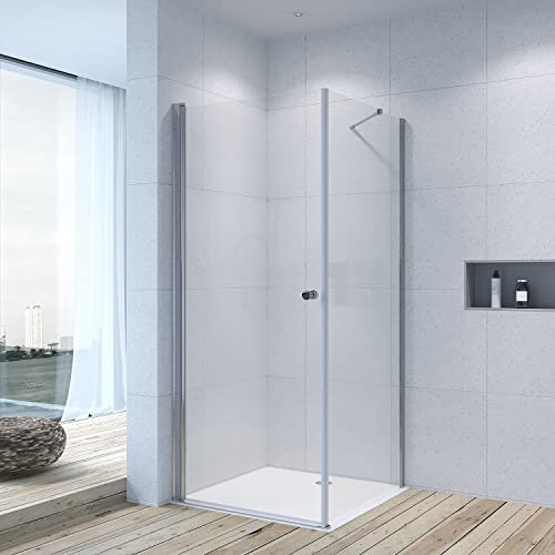 Duschwand Glas Eckeinstieg 70x70cm Eckdusche Duschtür Drehtür Pendeltür Schwingtür 70cm mit festem Settenteil Seitenwand 70cm aus Echtglas klar 6mm inkl. Nanobeschichtung Höhe 195cm