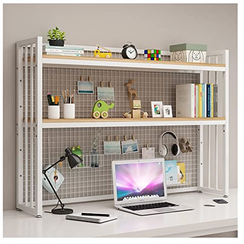 Bücherschrank 2-Lagen-weißer Stahlrahmen-Desktop-Regal-Büro-Speicher-Rack-Desktop-Bücherregal mit Verhindern des fallenden Metallgitter-Display-Regalveranstalters Bücherregal ( Color : Natural , Size